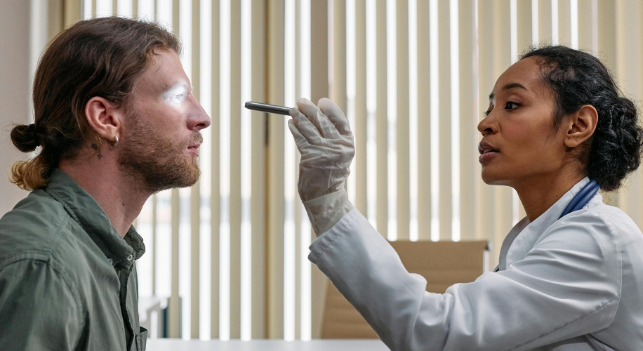 Doctor examining patient&#039;s eyes with penlight.