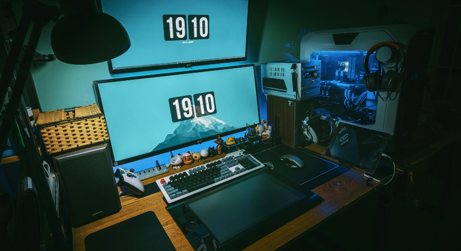 Dual computer monitors displaying &quot;19:10&quot; time, white gaming keyboard, and illuminated gaming PC setup.