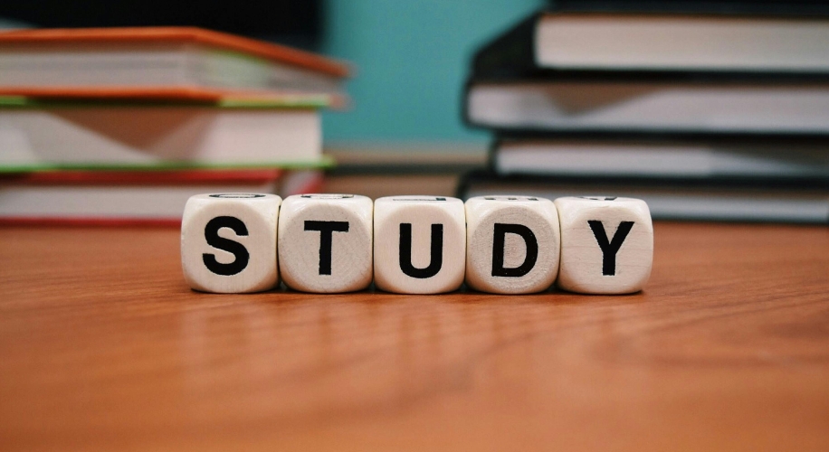 White blocks with black letters spelling &quot;STUDY&quot; on a wooden surface.