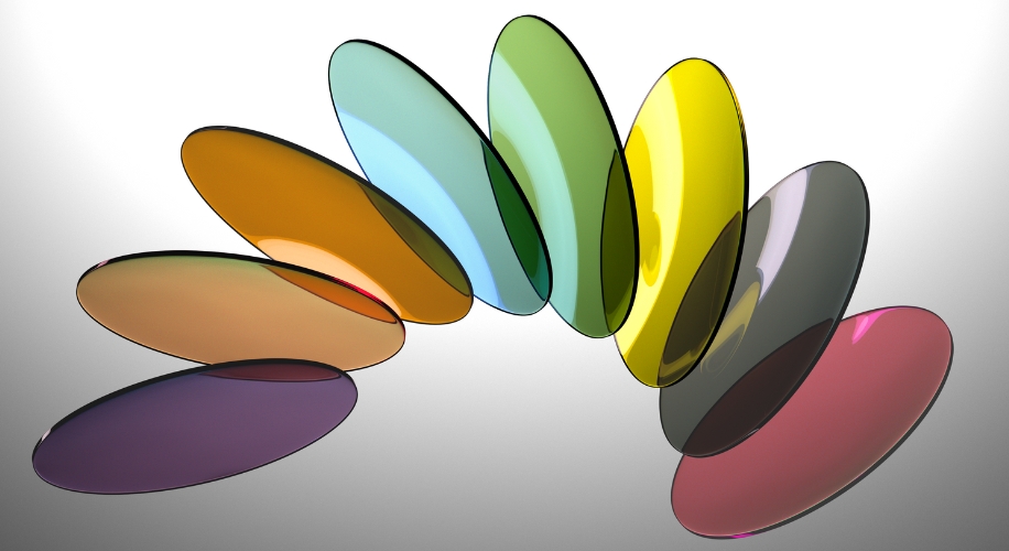 Various colored lenses arranged in a semicircle. The colors include orange, yellow, green, blue, pink, and gray.