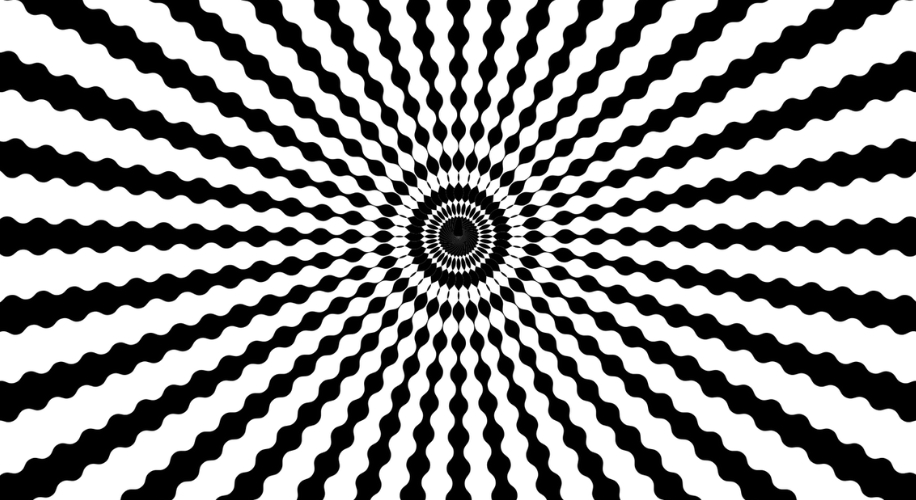 Black and white radial illusion pattern with wavy lines converging to a central point.