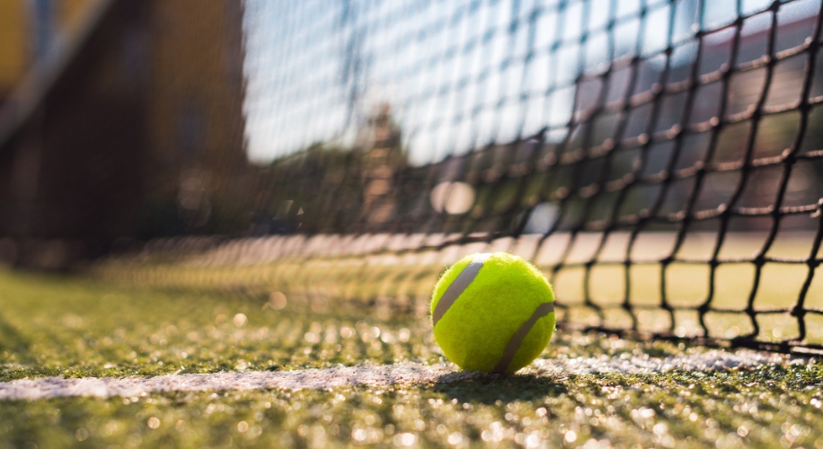 Tennis ball on a grassy court near the white baseline, with a net in the background.