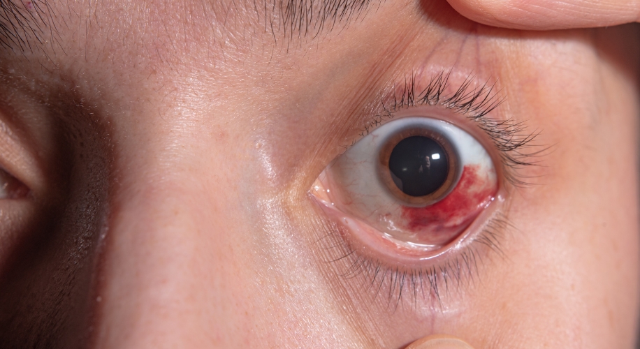 Close-up of a human eye with a subconjunctival hemorrhage, showing red discoloration on the sclera.