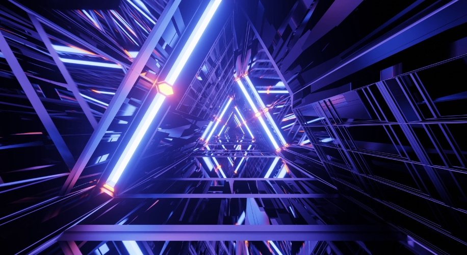 Futuristic tunnel with neon blue and purple lights forming triangular and linear patterns.