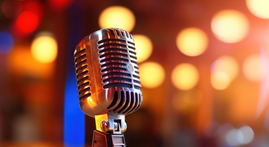 Vintage silver microphone against a colorful blurred background with bokeh lights.