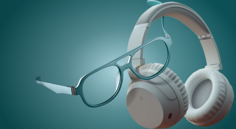 A pair of teal blue glasses and white over-ear headphones floating against a gradient teal background.