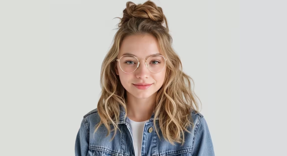 Woman wearing round eyeglasses and a denim jacket.