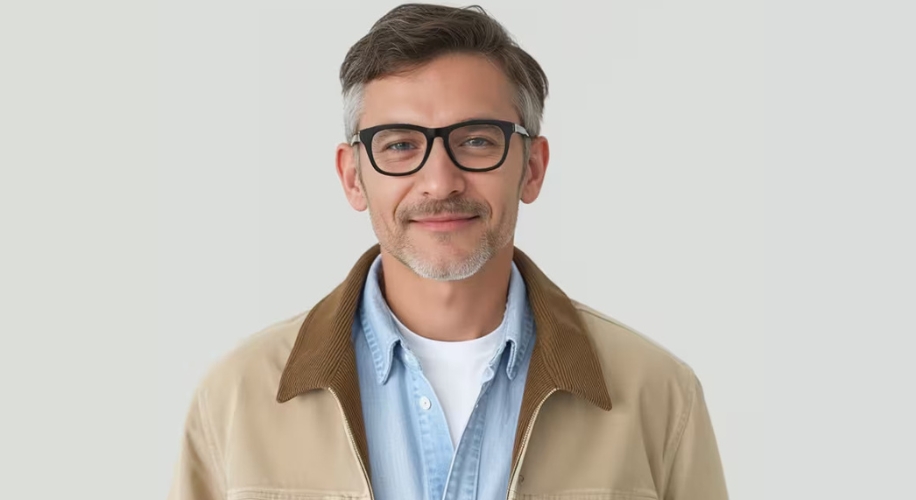 Man wearing black glasses, beige jacket, and light blue button-up shirt with a white undershirt.