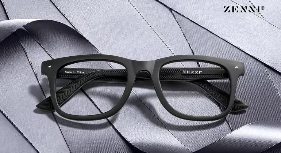 Zenni black eyeglasses with &quot;Made in China&quot; on the left and &quot;ZENNI&quot; on the right temple.