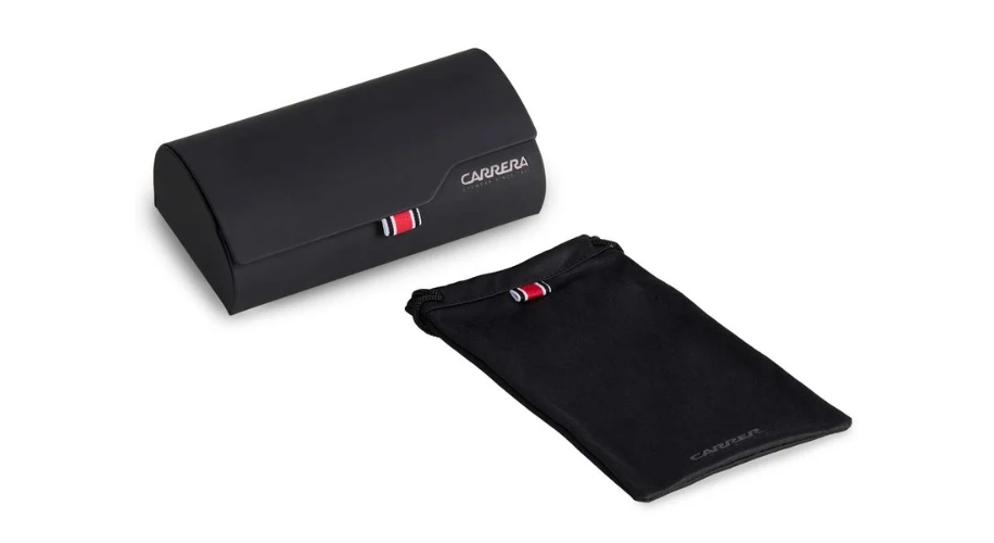 Black Carrera sunglasses case with a red, white, and black striped accent, and a matching pouch.