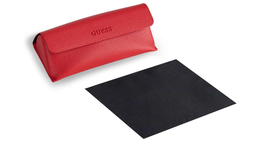 Red GUESS eyeglass case with a black cleaning cloth.