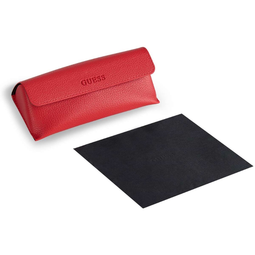 Red GUESS eyeglass case with a black cleaning cloth.