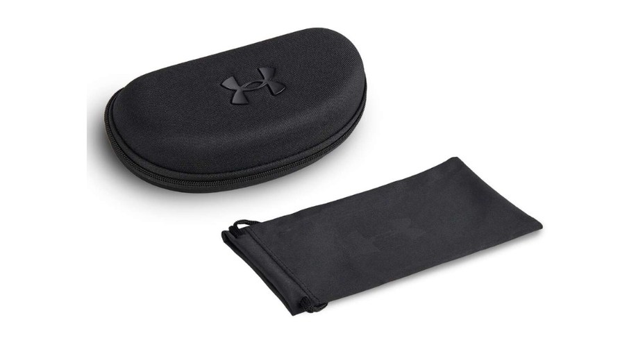 Black Under Armour hard-shell glasses case and soft drawstring pouch.