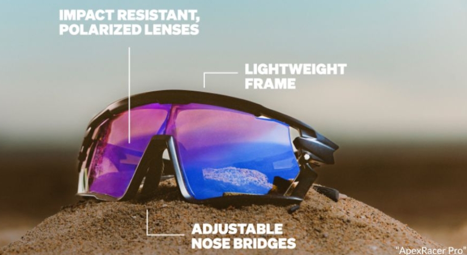 Impact resistant, polarized lenses sunglasses with lightweight frame and adjustable nose bridges. &quot;ApexRacer Pro&quot;