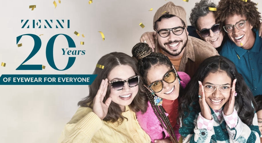 ZENNI 20 Years of Eyewear For Everyone. Group of people wearing various styles of eyeglasses and smiling.