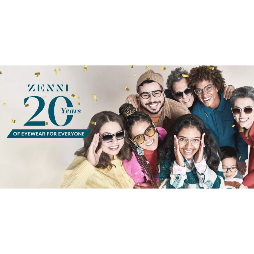 ZENNI 20 Years of Eyewear for Everyone. Group of diverse people wearing various styles of glasses.