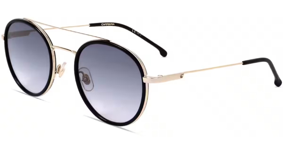 Carrera round black and gold sunglasses with gradient lenses and black temple tips.