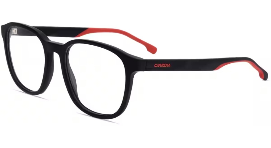 Black eyeglasses with red inner temples and the text &quot;CARRERA&quot; on the side.