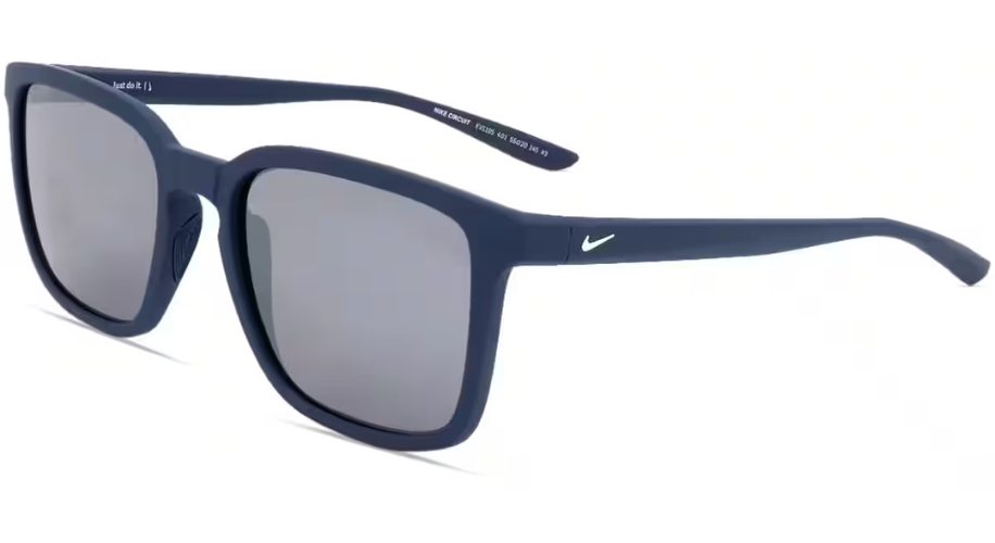 Nike sunglasses, dark matte blue frame. &quot;Just do it&quot; on the inside arm.