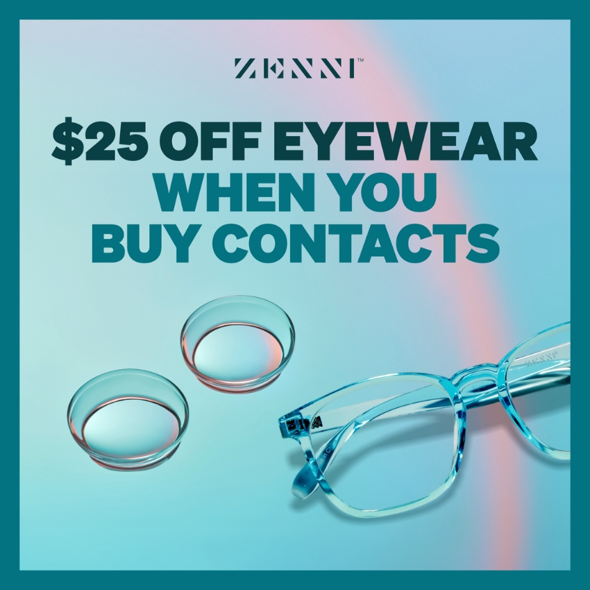 $25 off eyewear when you buy contacts. Image includes glasses and two contact lenses.