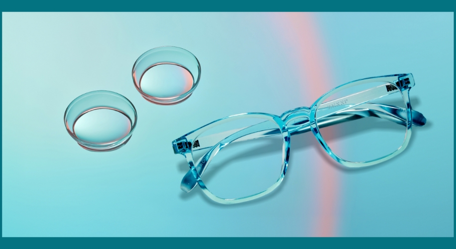 Blue light glasses and contact lenses on a gradient blue background.