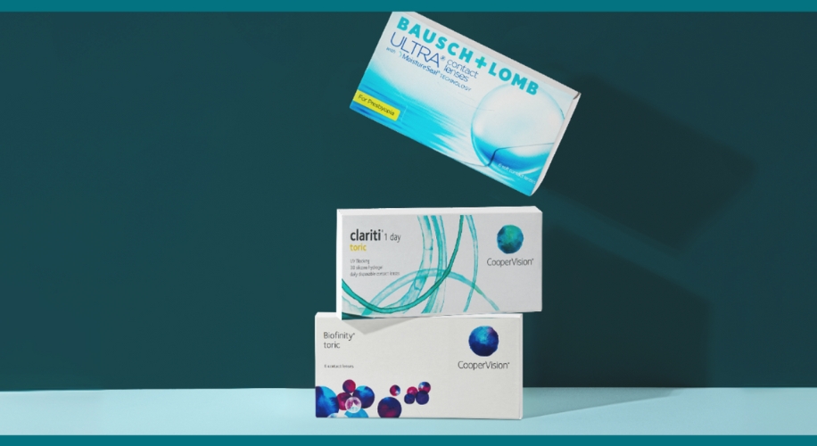 Bausch + Lomb Ultra contact lenses, clariti 1 day toric lenses by CooperVision, Biofinity toric lenses by CooperVision.