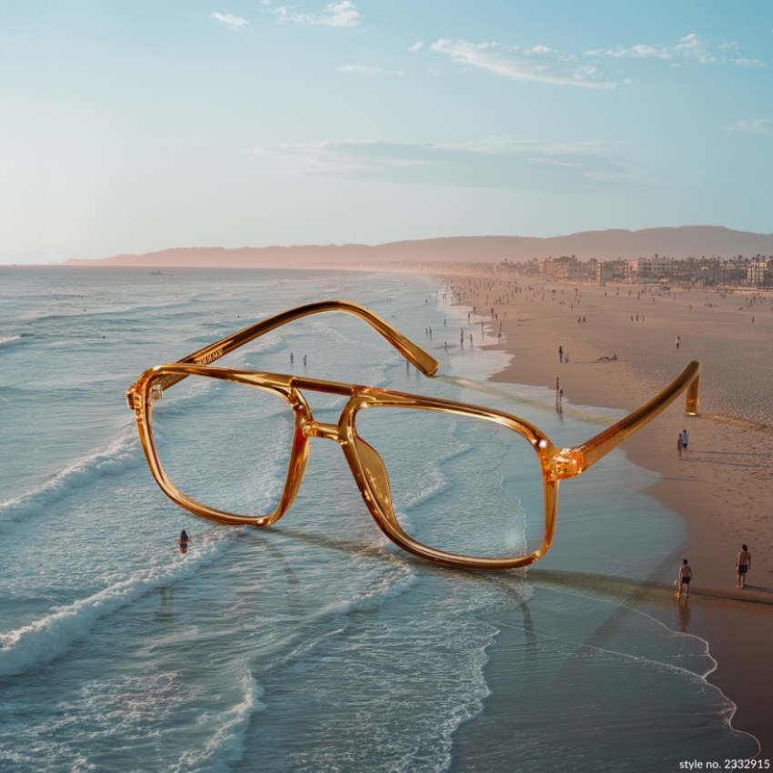 Golden eyeglasses with clear lenses, style no. 2332915, against a beach background.