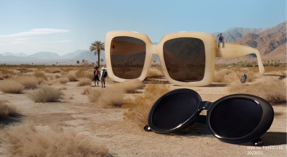 Two pairs of oversized sunglasses in a desert landscape. Text: &quot;style no. T01431515 2023021.&quot;