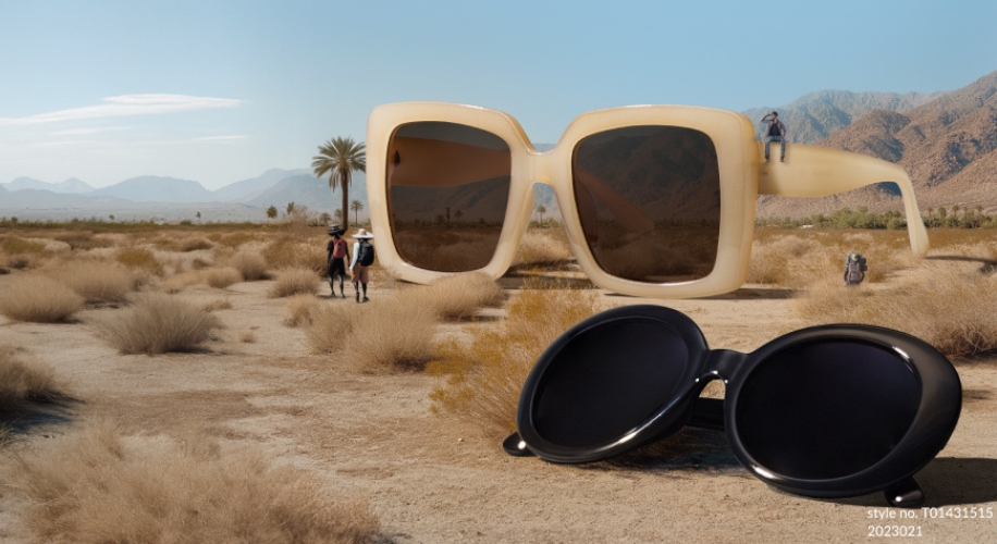 Two pairs of sunglasses in a desert; one pair is oversized and beige, the other is black. Text: style no. T01431515, 2023021.