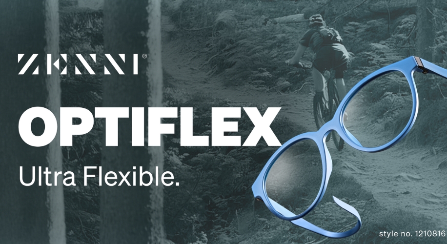 ZENNI OPTIFLEX Ultra Flexible. style no. 1210816. Blue flexible eyeglass frames with clear lenses.