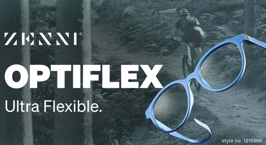 ZENNI OPTIFLEX Ultra Flexible. Blue eyeglasses, style no. 1210816, displayed with a backdrop of a cycler.