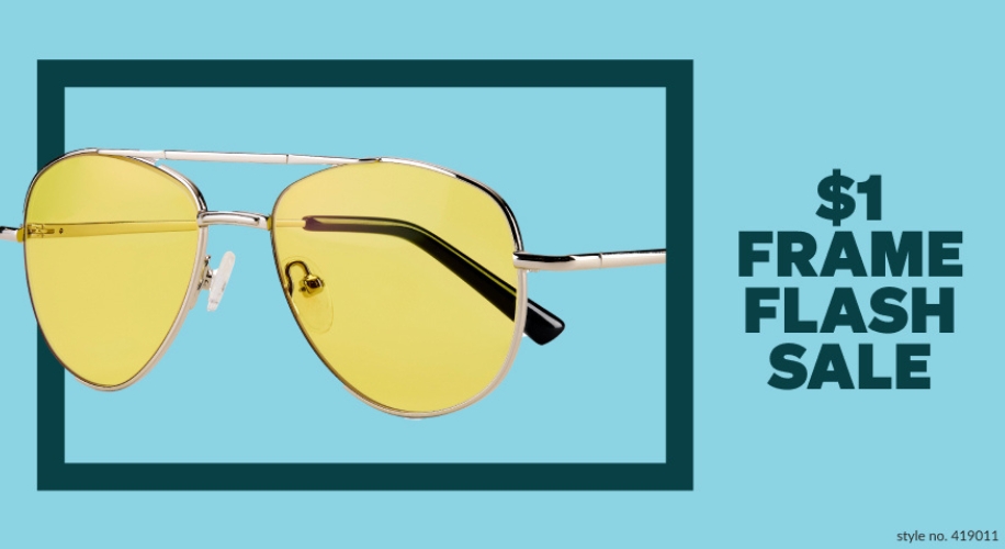 $1 Frame Flash Sale. Style no. 419011. Golden aviator sunglasses with yellow lenses.