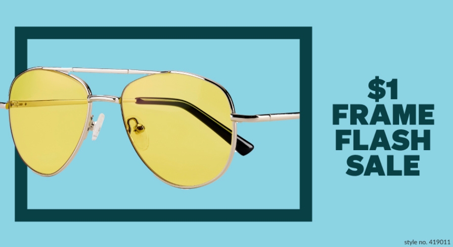 $1 Frame Flash Sale, yellow aviator sunglasses with gold frame, style no. 419011.