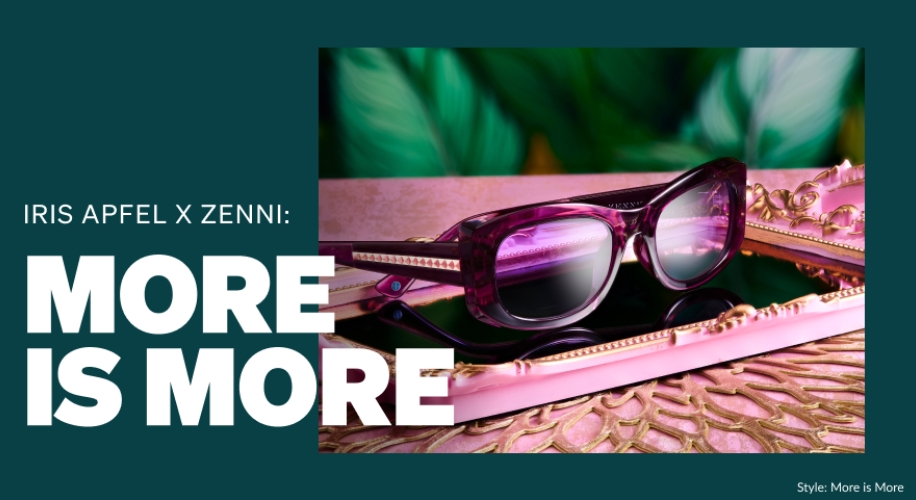 Iris Apfel x Zenni: More is More. Purple-framed eyeglasses on a gold and pink decorative surface. Style: More is More