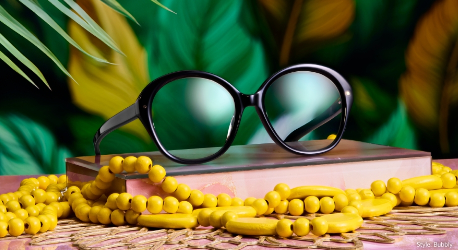 Black round eyeglasses with &quot;Style: Bubbly&quot; in the bottom right corner, surrounded by yellow beads.