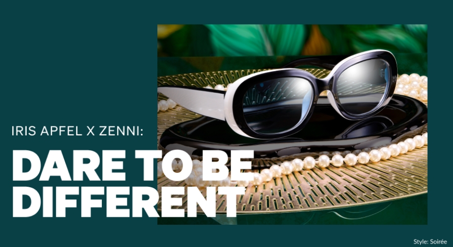 IRIS APFEL X ZENNI: DARE TO BE DIFFERENT. Black and white sunglasses with pearl necklace. Style: Soirée.