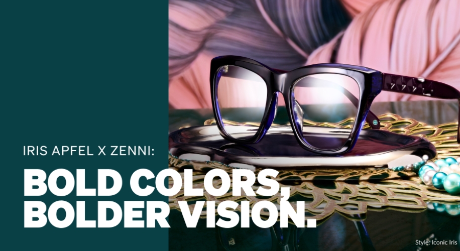 IRIS APFEL X ZENNI: BOLD COLORS, BOLDER VISION. Style: Iconic Iris. Black-rimmed eyeglasses in dish.