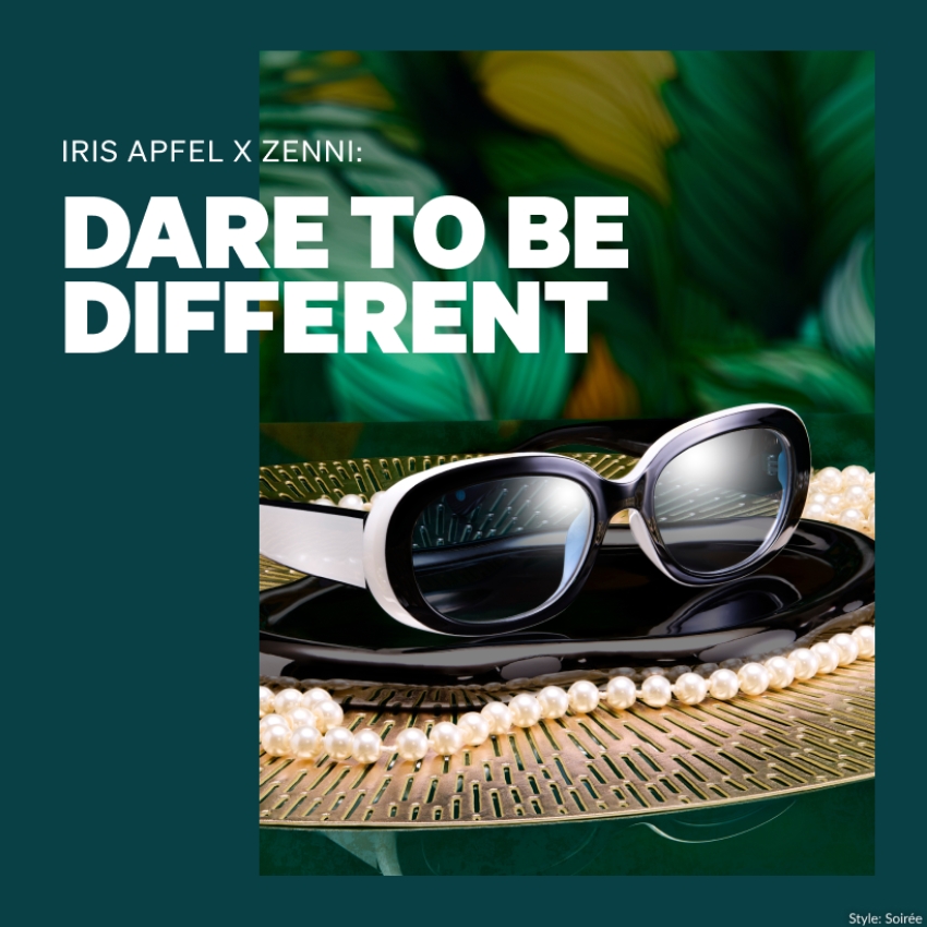 IRIS APFEL X ZENNI: DARE TO BE DIFFERENT. Black and white sunglasses with pearls. Style: Soirée.