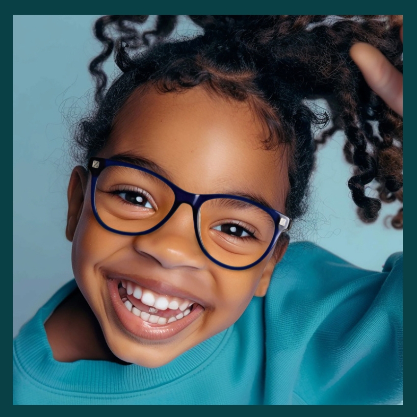 Child wearing blue-framed eyeglasses and a blue sweater, smiling widely.