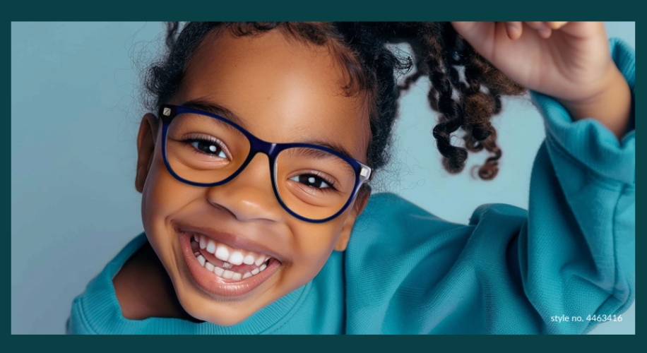 Child wearing blue-frame eyeglasses, smiling. Text: &quot;style no. 4463416&quot; in the bottom right corner.