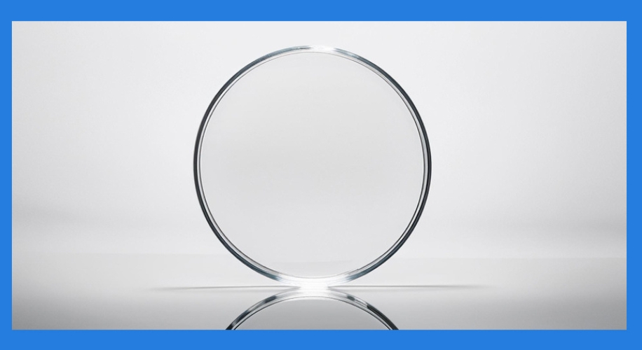 Clear, round glass lens standing vertically with a blue border surrounding the image.