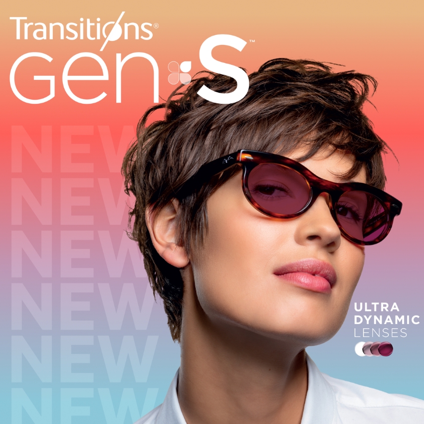 Transitions Gen 8 eyewear with Ultra Dynamic Lenses. Text "NEW" in background.