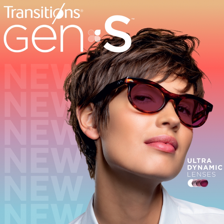 Transitions® Gen 8™ Ultra Dynamic Lenses, NEW. Three lens colors displayed: clear, gray, and purple.