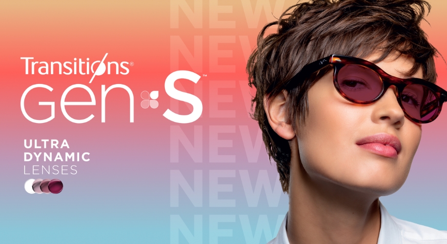 Transitions GEN 8 Ultra Dynamic Lenses. New lenses shown on a person wearing sunglasses.