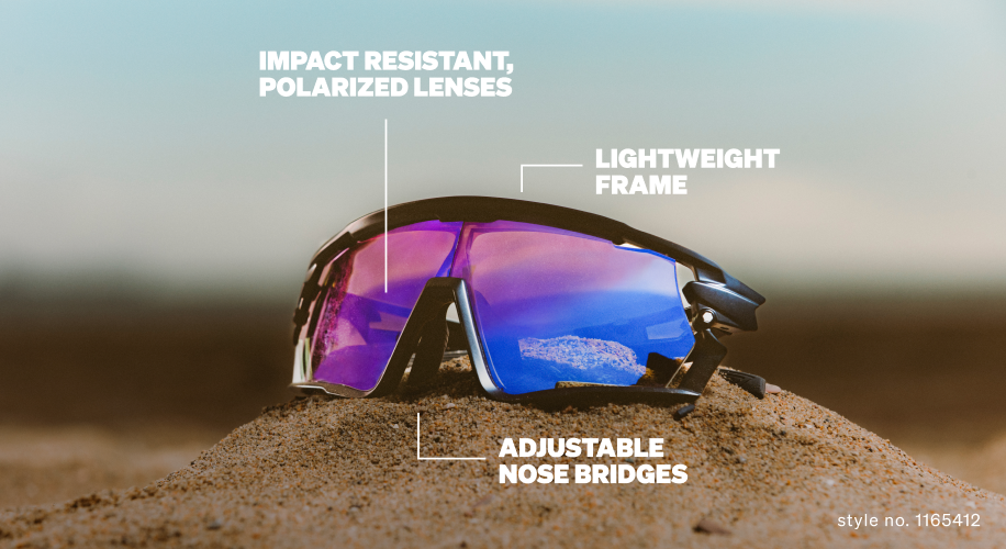 Impact resistant, polarized lenses sunglasses with lightweight frame and adjustable nose bridges. Style no. 1165412.