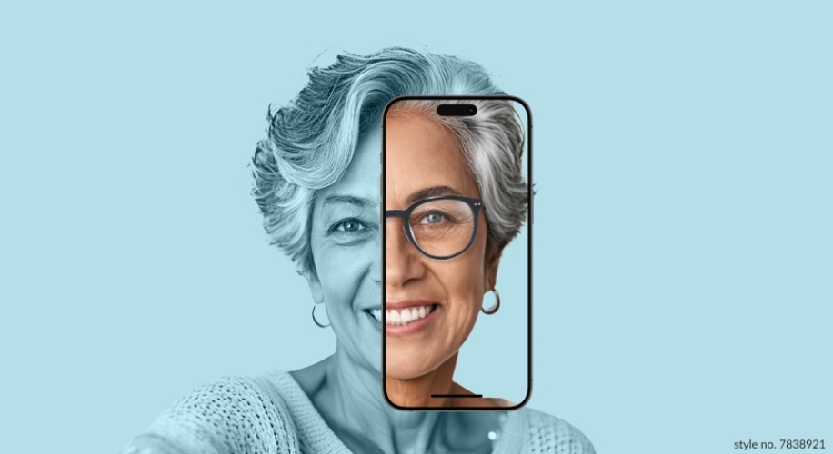 Smartphone displaying half of a smiling woman&#039;s face. text in image: &quot;style no. 7838921&quot;