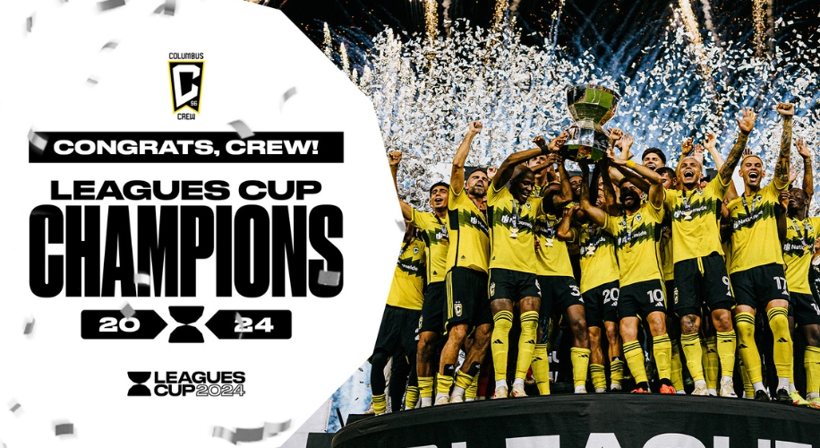 Columbus Crew celebrating Leagues Cup 2024 victory. &quot;Congrats, Crew! Leagues Cup Champions 2024&quot;.