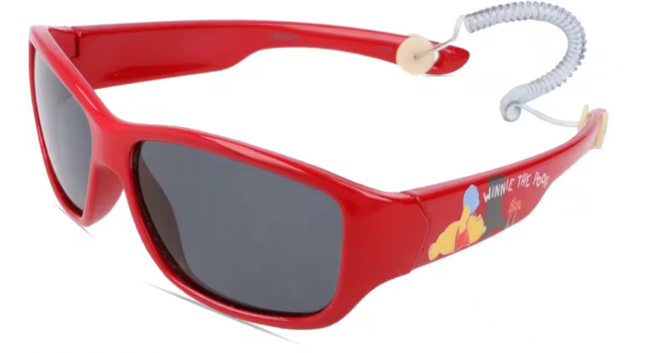 Red children&#039;s sunglasses with black lenses, featuring a Winnie the Pooh design and safety strap attached.