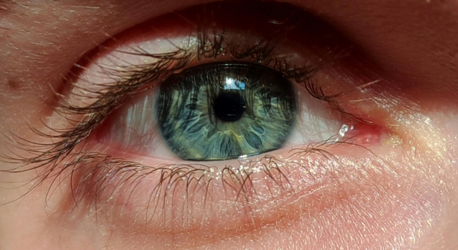 Close-up of a green and blue human eye with detailed iris pattern and eyelashes.