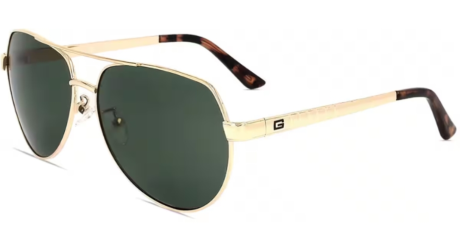 Gold aviator sunglasses with green lenses and brown-temple tips. Thin arms with &#039;G&#039; branding on the side.